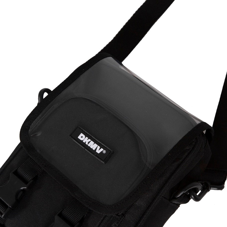 Black shoulder bag with 'DKMV' logo on a white background