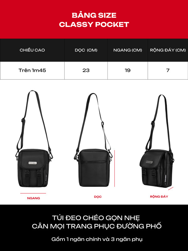 Black crossbody bag with measurements and product details on a red and black background