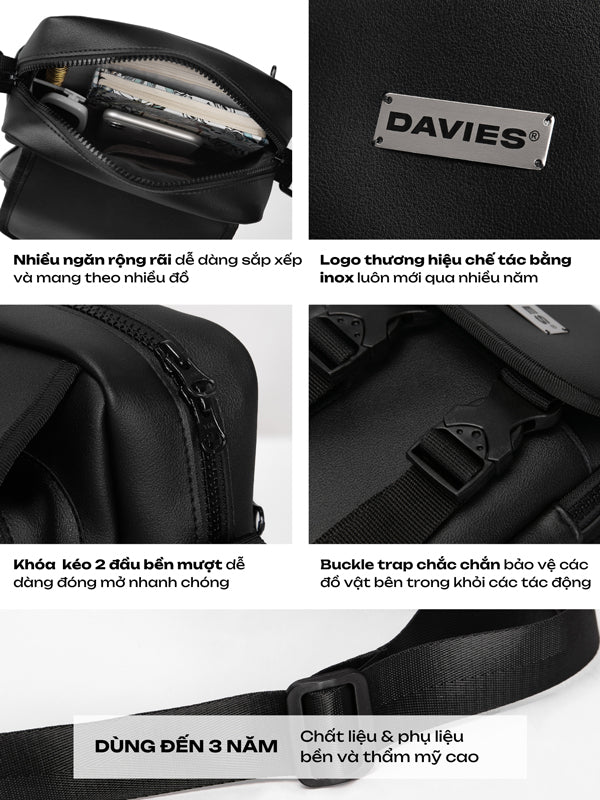 Black bag with Davies logo and features highlighted