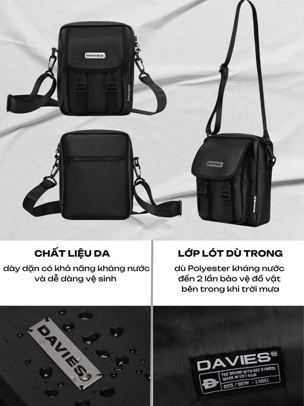 Black crossbody bag with Davies branding on a white background