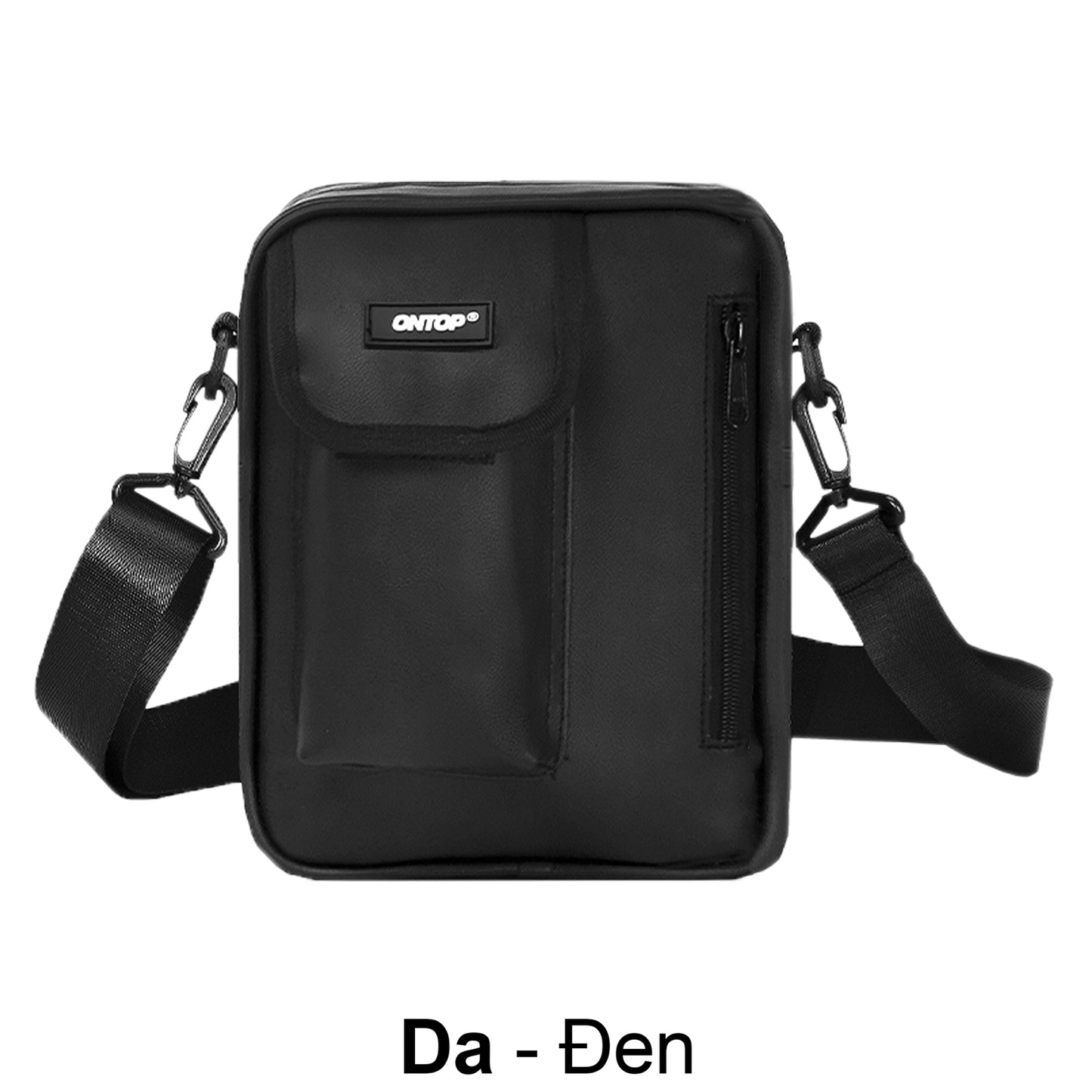 Black crossbody bag with a visible brand logo on a white background