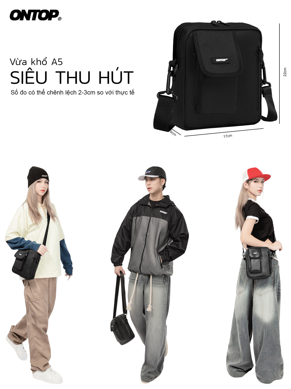 Black bag with people wearing it, featuring the brand 'ONTOP'.