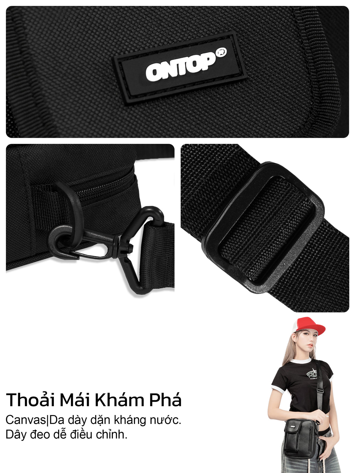 Black waist bag with adjustable strap and Onepro branding, featuring a person wearing a red cap and black shirt.