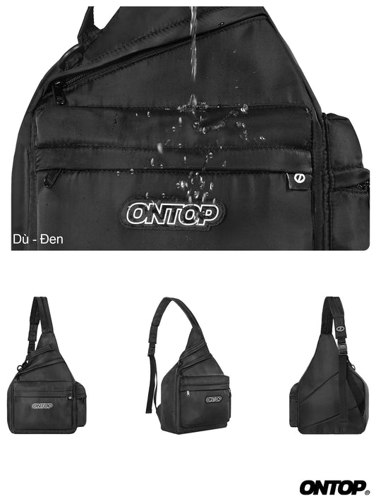 Black sling bag with ONTOP branding, shown with water droplets and in different angles.