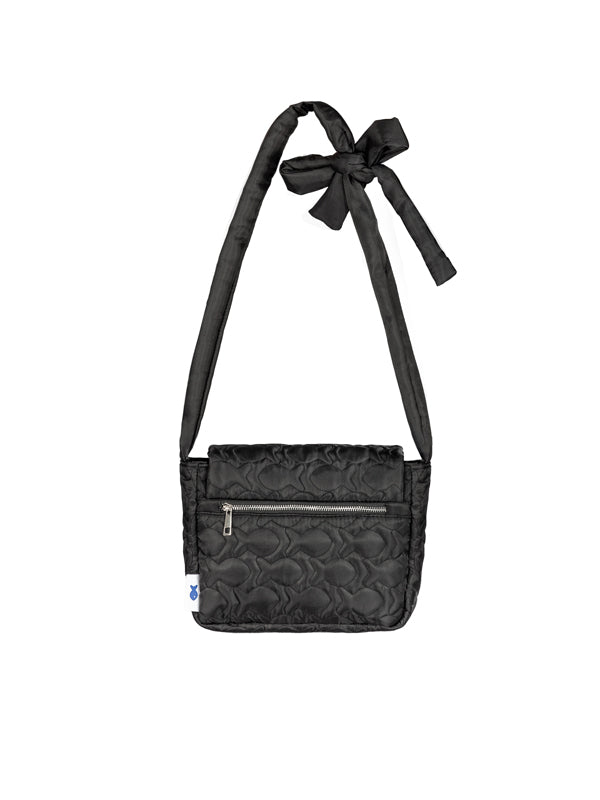 Black crossbody bag with a bow on a white background