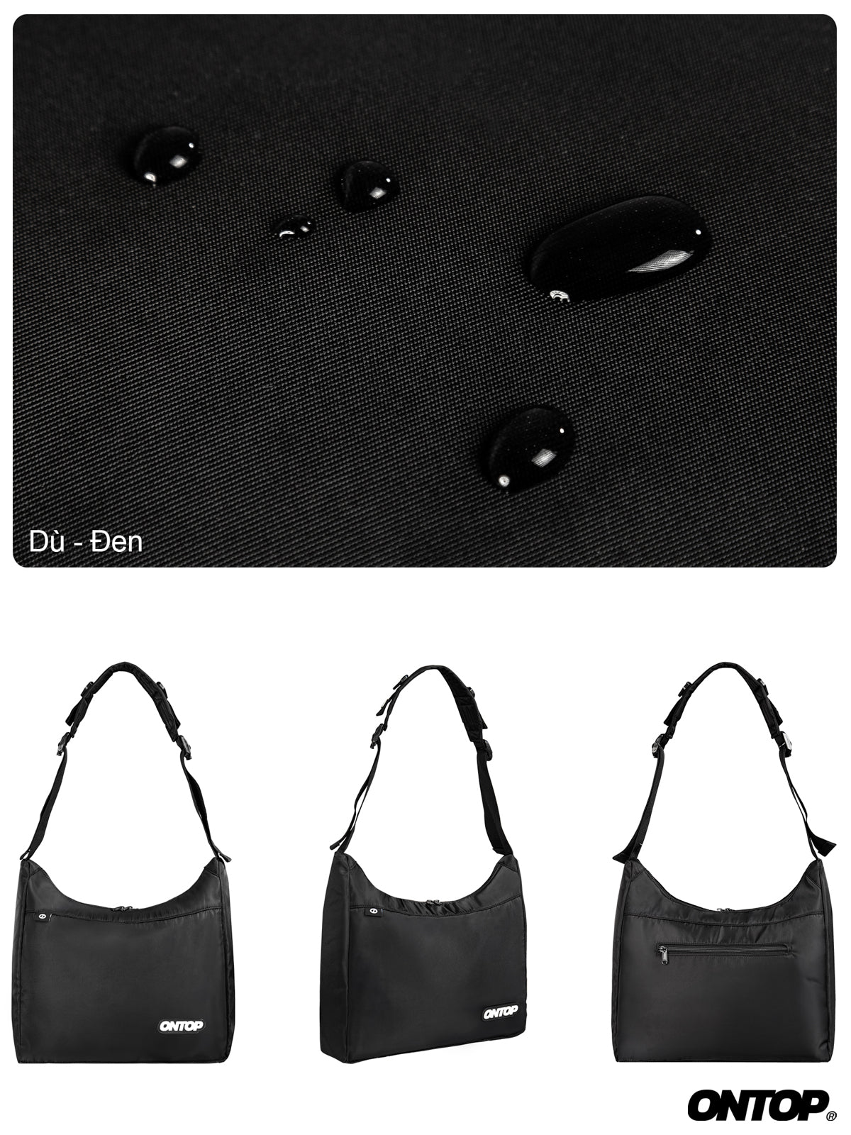 Black shoulder bag with ONTOP branding on a white background