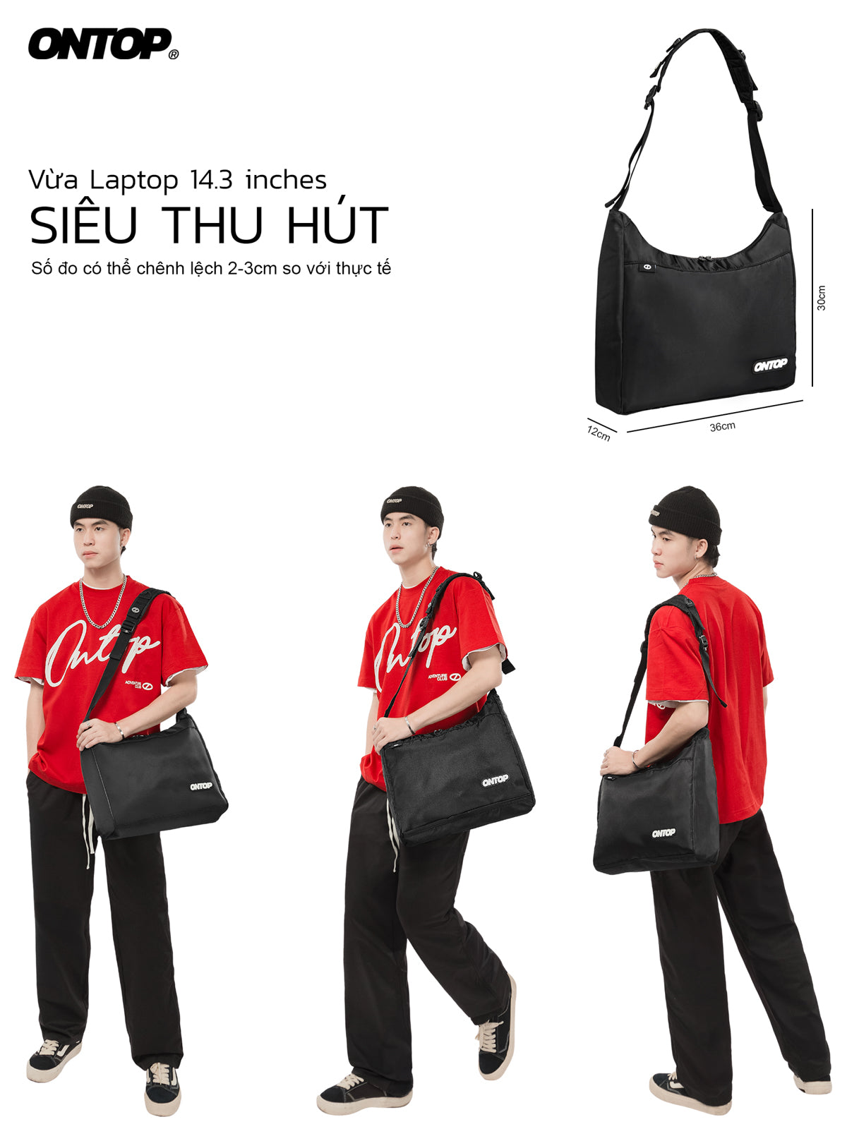 Black laptop bag with measurements and person wearing it, featuring the ONTOP brand.
