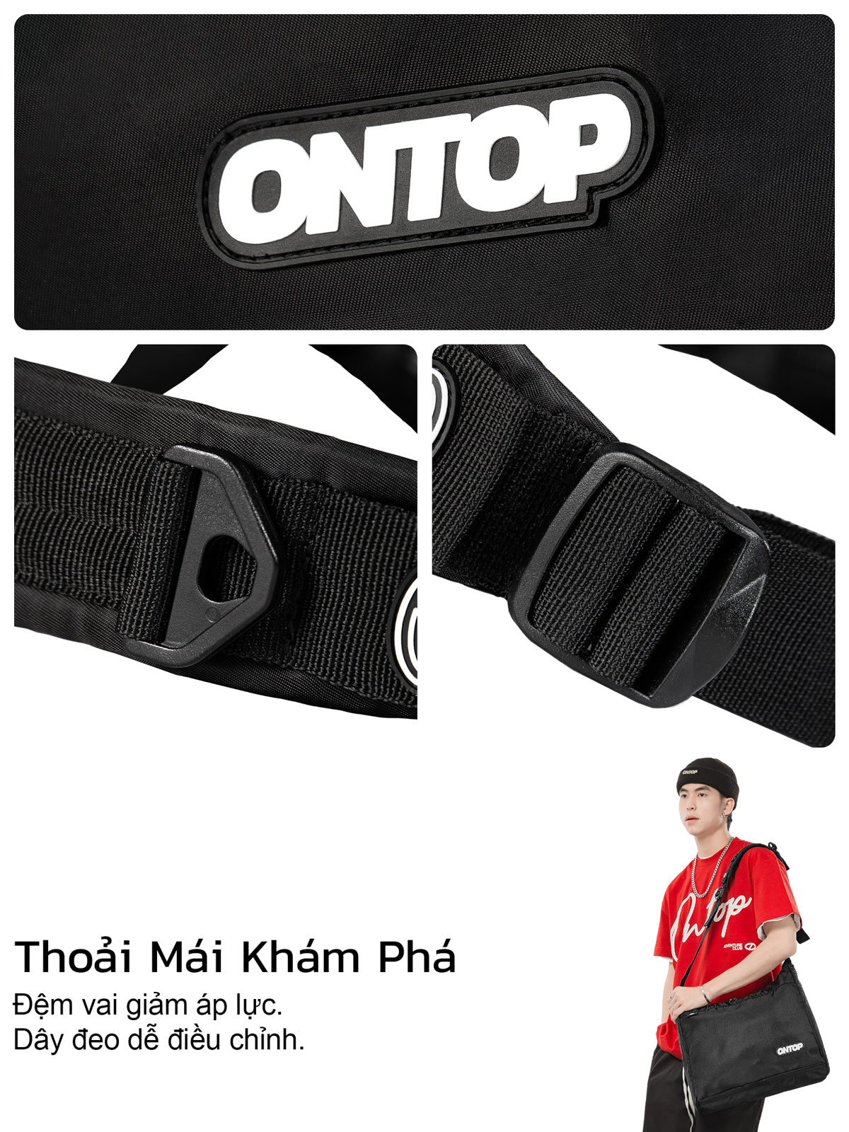 Black waist bag with 'ONTOP' branding and a person wearing it.