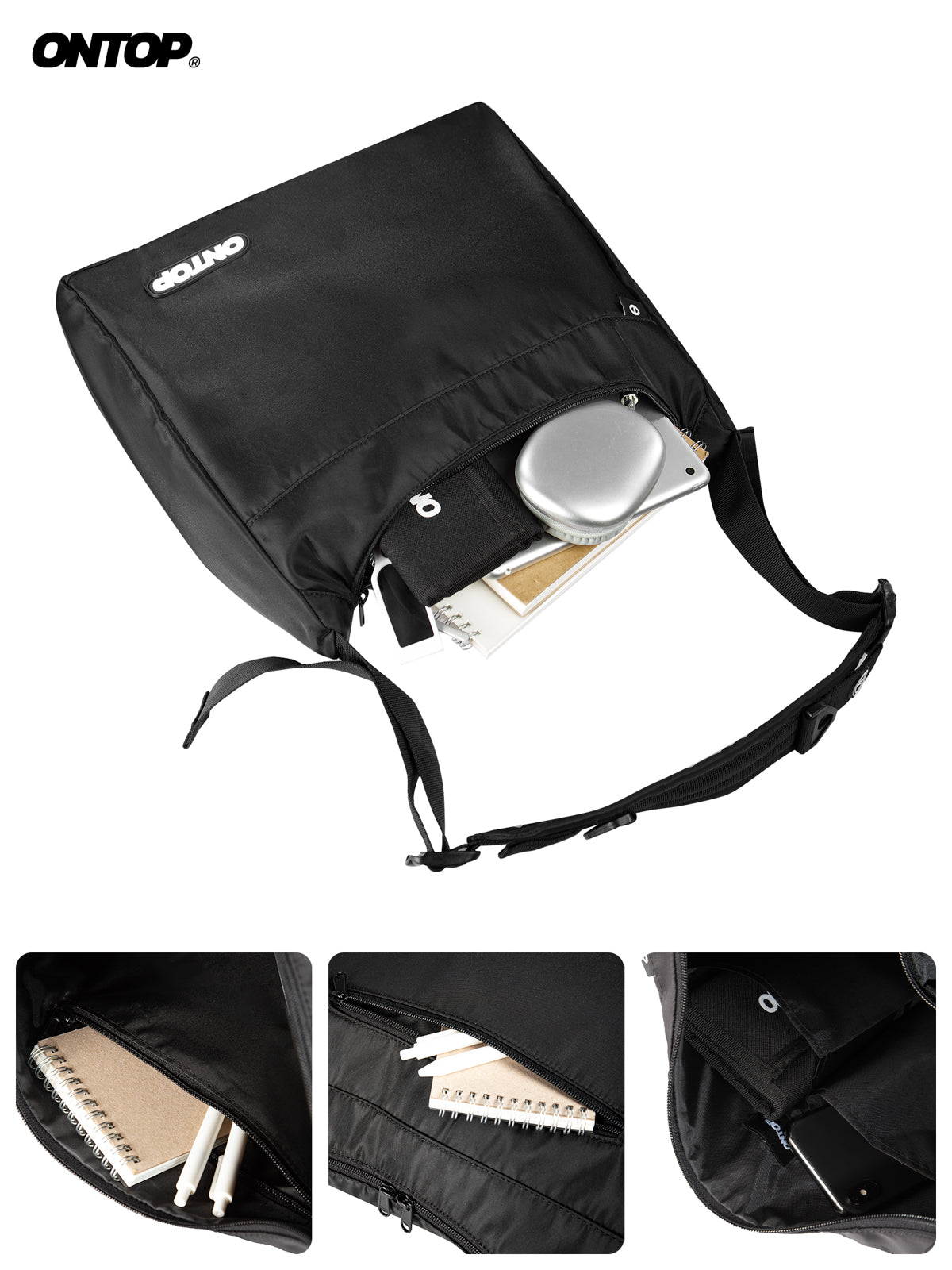 Black bag with a shoulder strap, containing stationery items, on a white background.