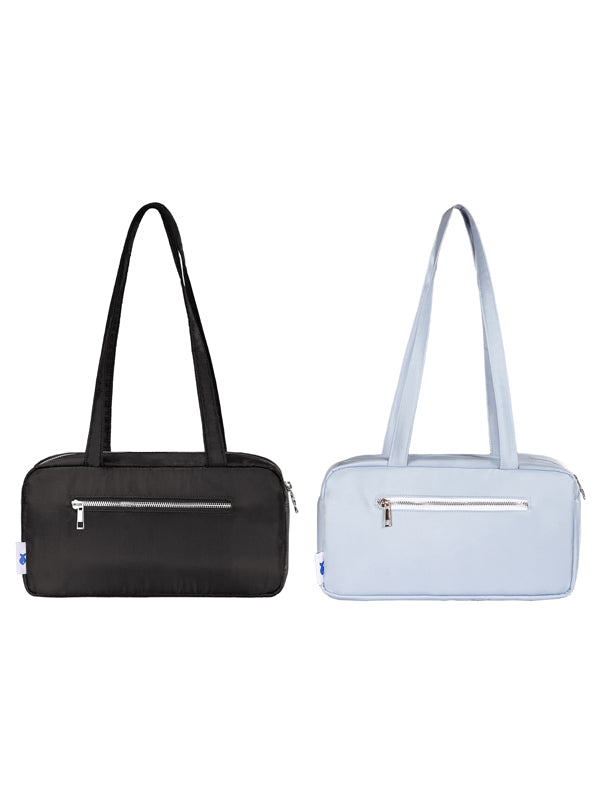 Black and light blue handbags on a white background