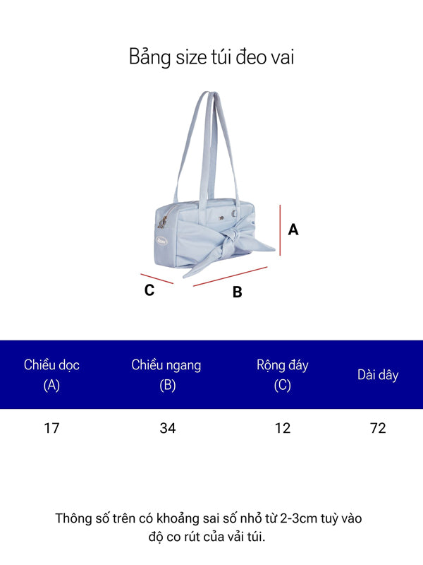 Measurement chart for a shoulder bag with dimensions labeled.