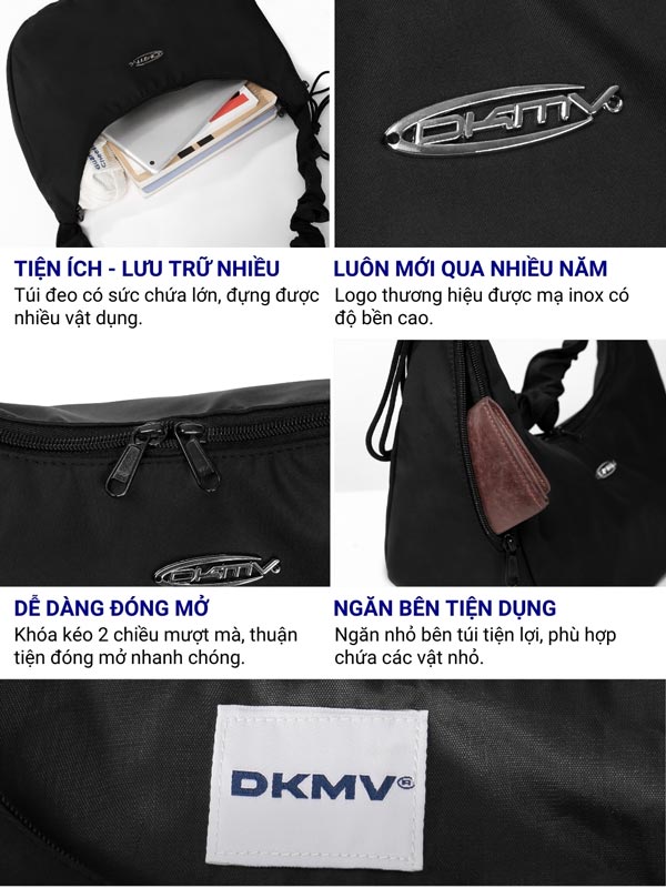 Black bag with DKMV branding, showing features and design details.