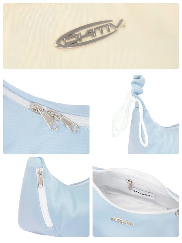 Collage of a light blue bag with a brand logo on a beige background