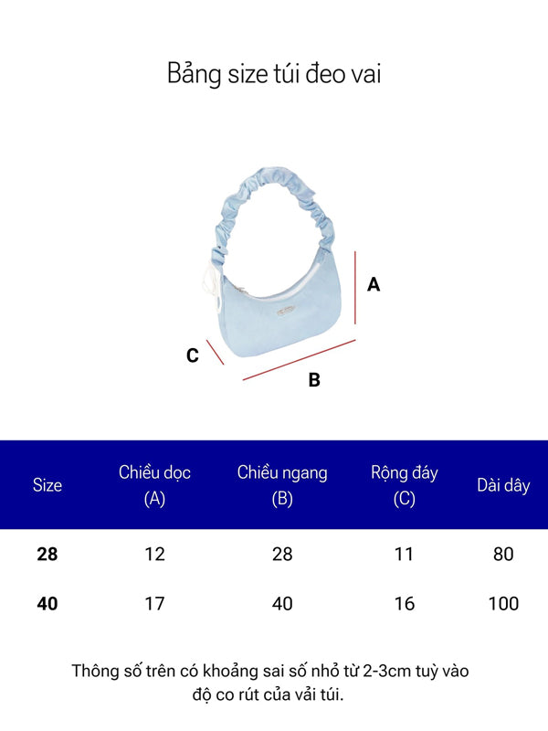 Measurement chart for shoulder bags with dimensions labeled