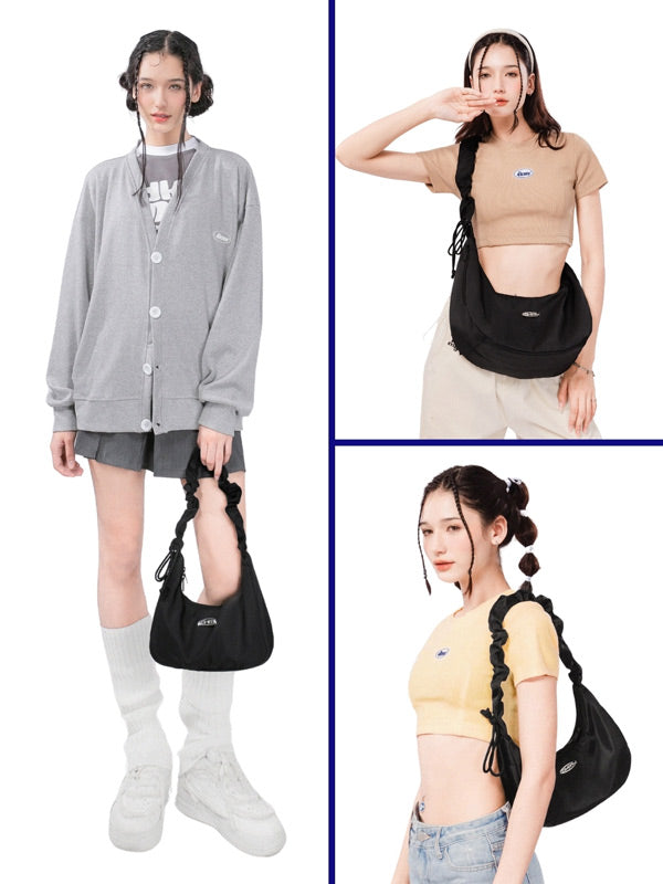 Three images of a person wearing a black backpack in different poses on a white background.