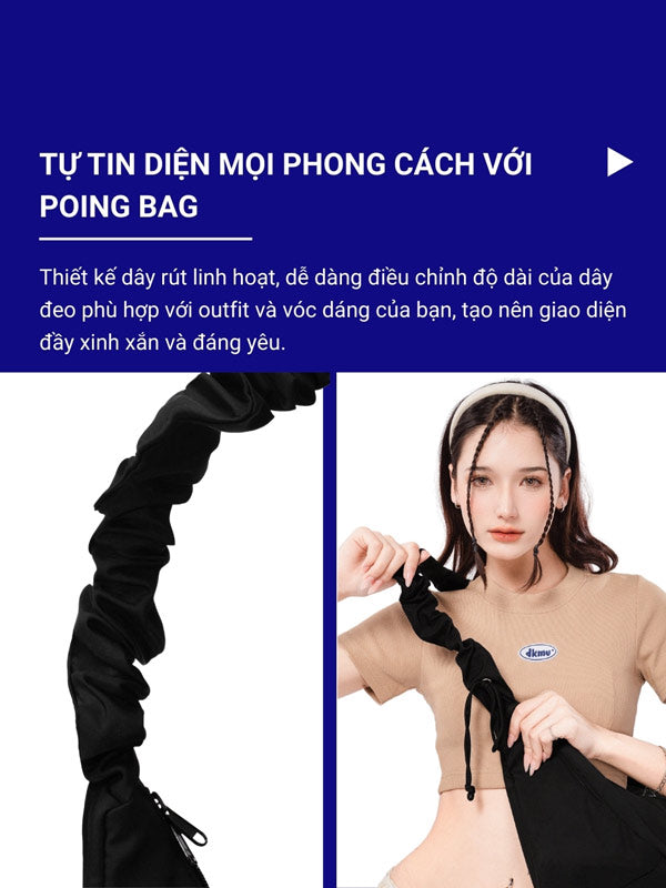 Woman using a black hair extension with text in Vietnamese about a hair bag product.