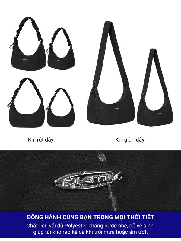 Black handbag shown in two states: pulled and stretched, with a brand logo at the bottom.