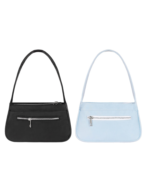 Black and light blue handbags with zippers on a white background