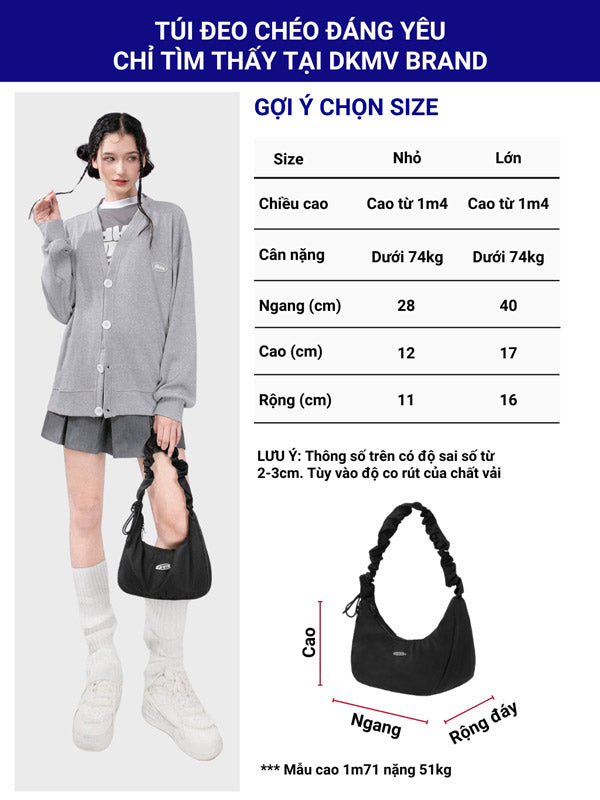 Product description with a model wearing a gray outfit and black handbag, size chart, and measurements.