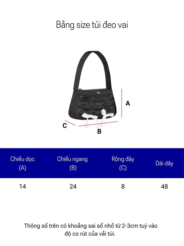 Measurement chart for a shoulder bag with dimensions labeled.