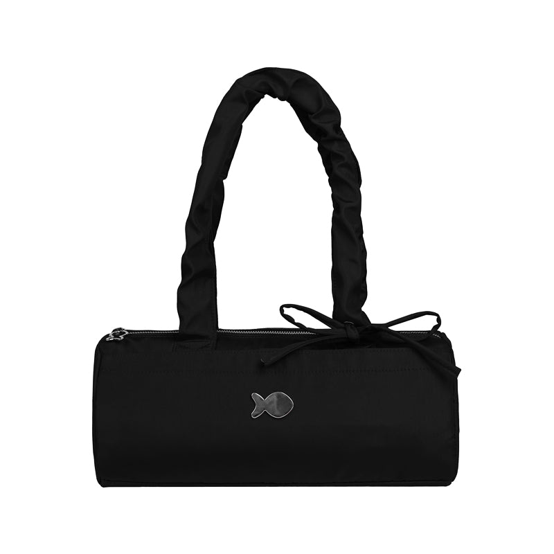 Black duffel bag with a handle on a white background
