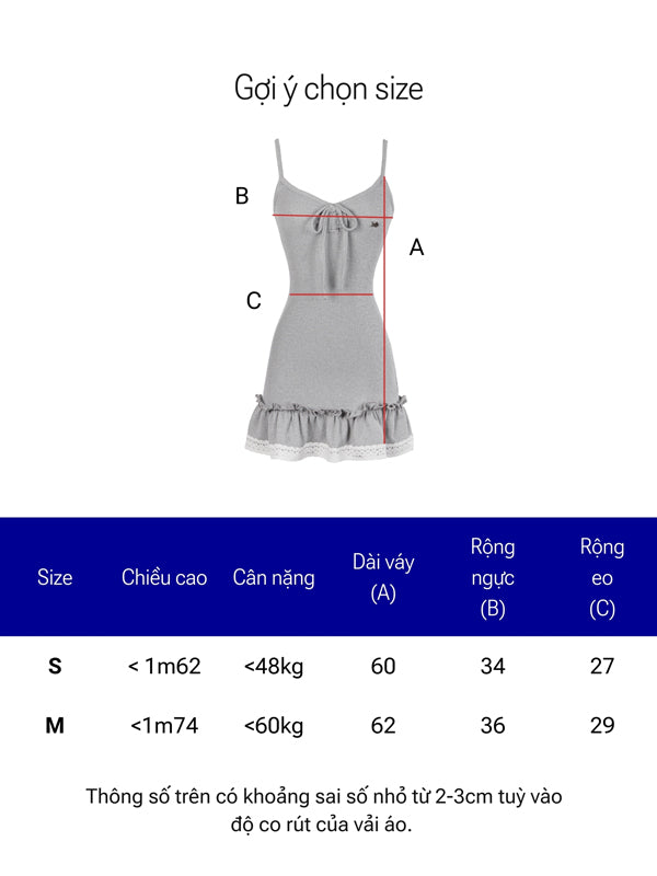 Size chart for a gray dress with measurements labeled A, B, and C on a white background.