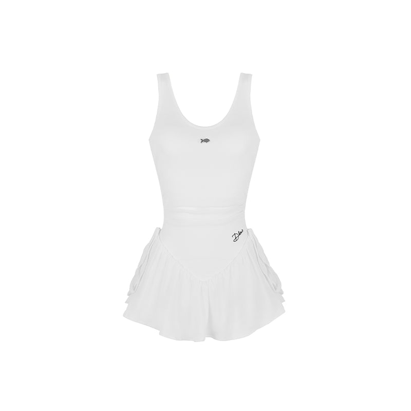 White tennis dress with brand logo on a white background