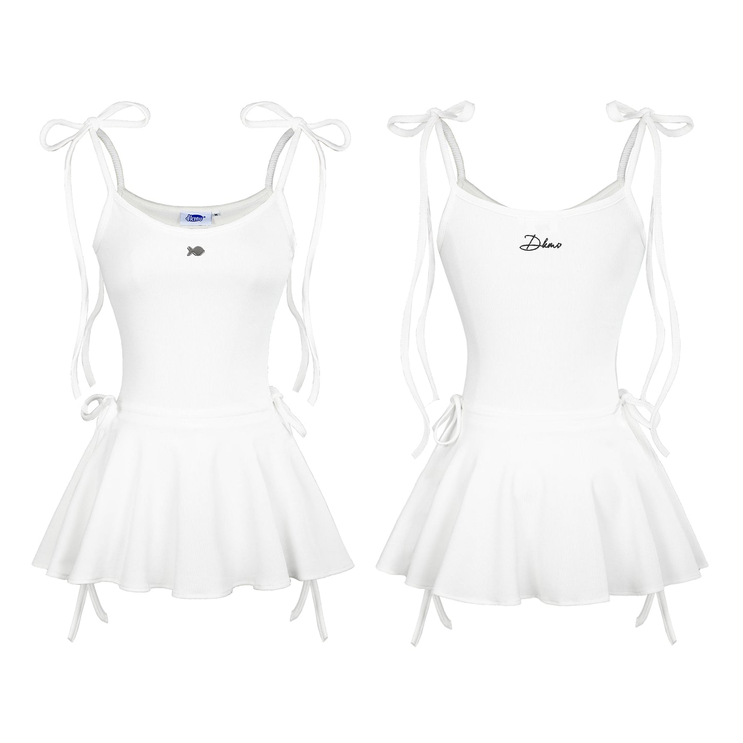 Two white sleeveless dresses with thin straps on a white background