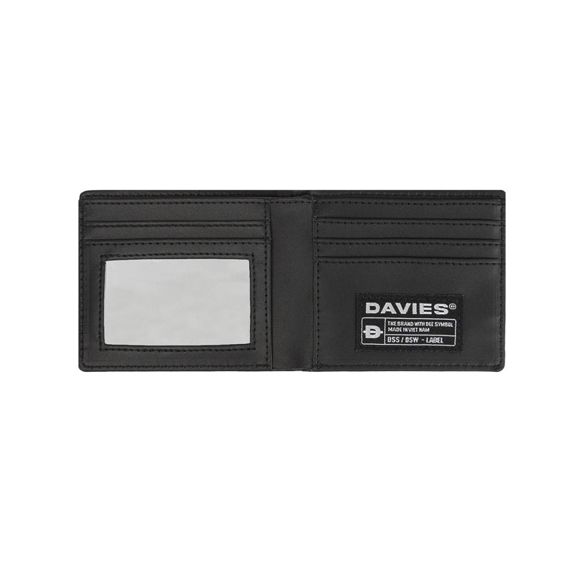 Black wallet with a visible brand label on a white background