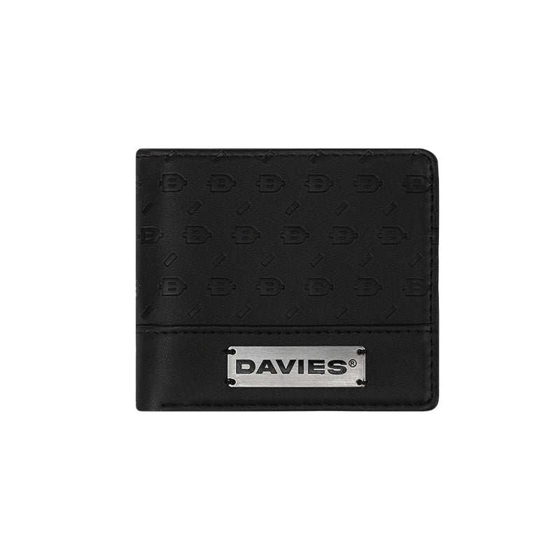 Black wallet with Davies branding on a white background