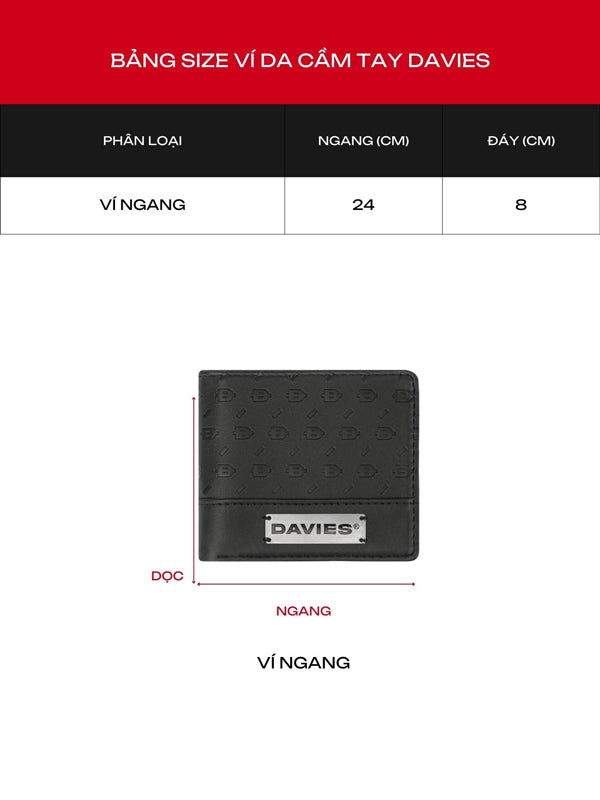 Black wallet with 'Davies' branding and size measurement chart on a white background