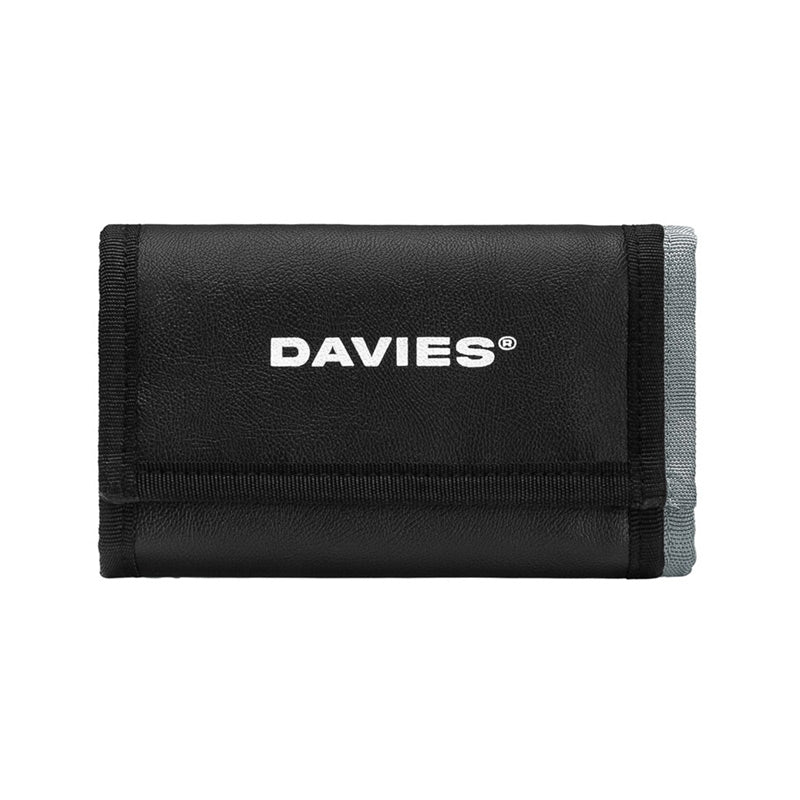 Black wallet with 'DAVIES' branding on a white background