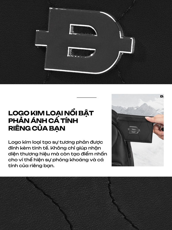 Black leather bag with a metallic logo on a black background