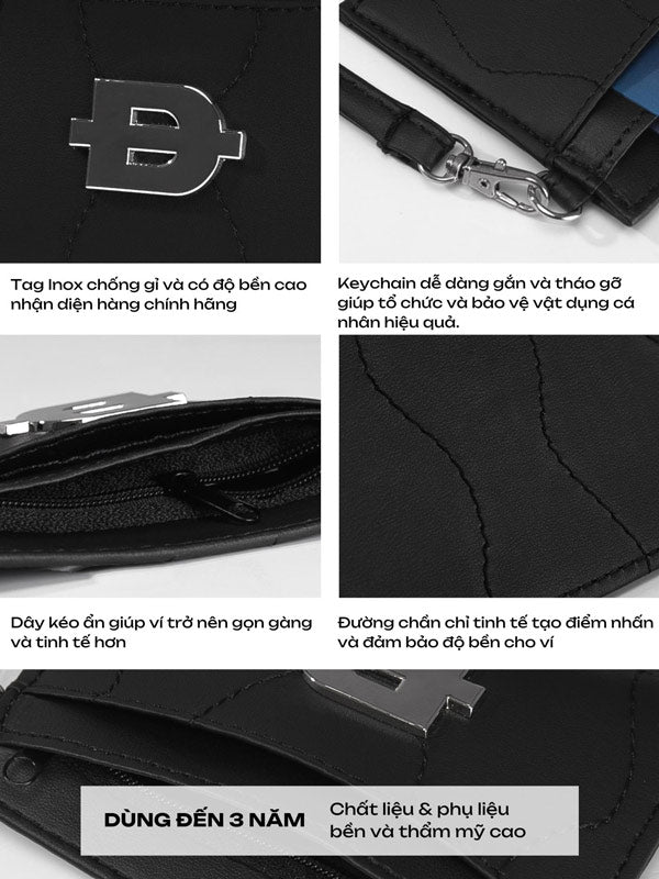 Black wallet with metal logo and keychain on a white background