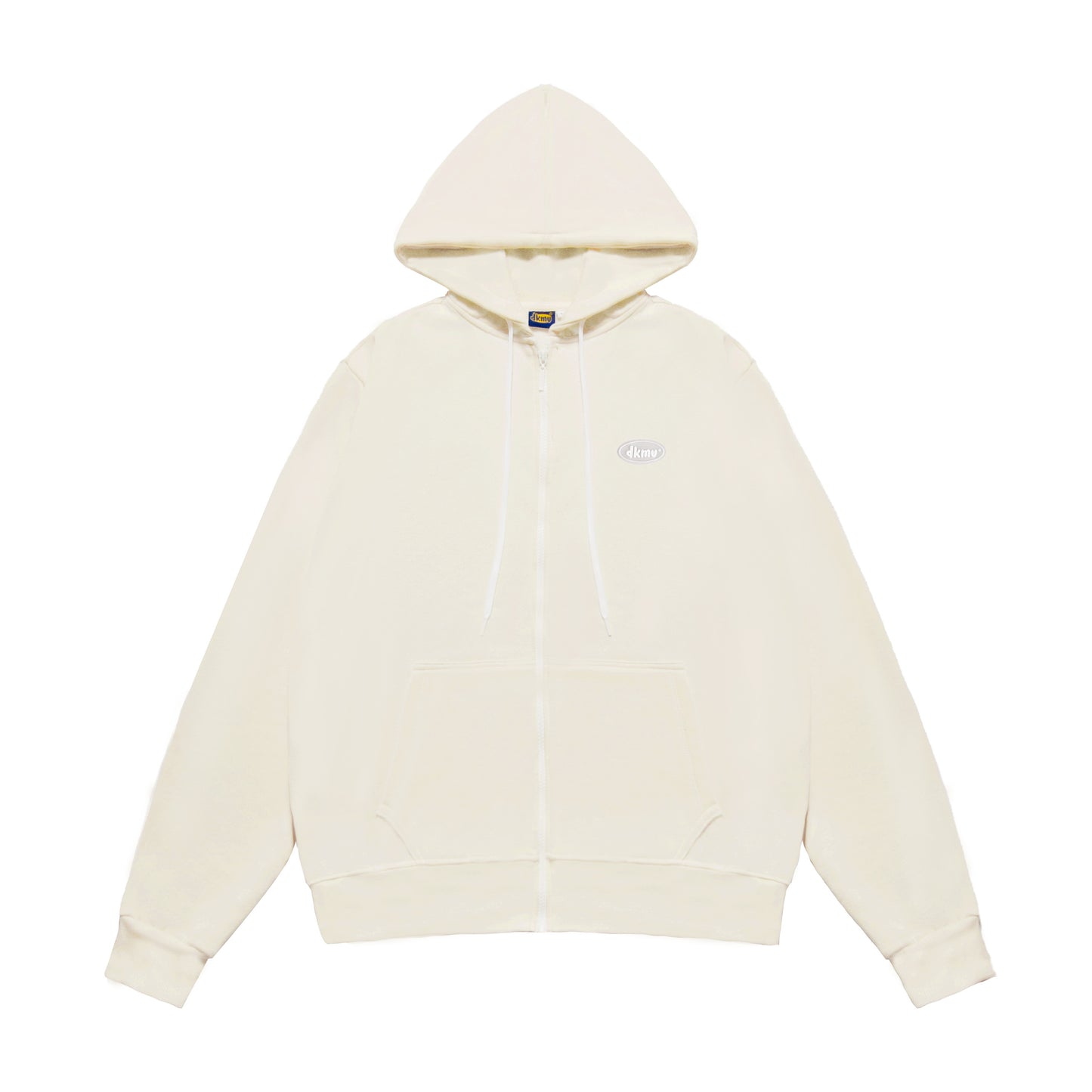 Beige hoodie with a small logo on a white background