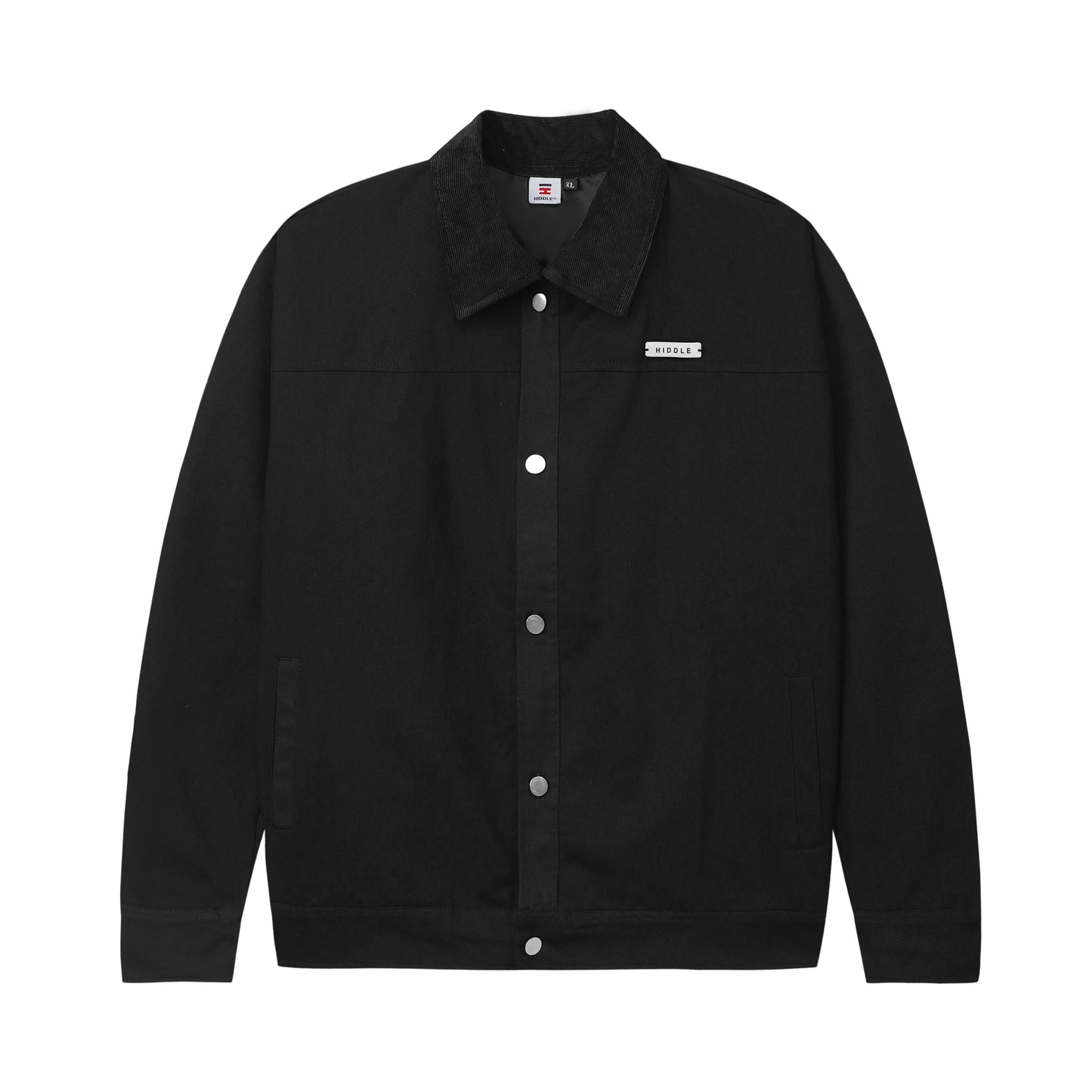 Black jacket with a brand logo on a white background