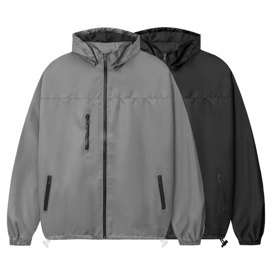 Two jackets, one gray and one black, on a white background