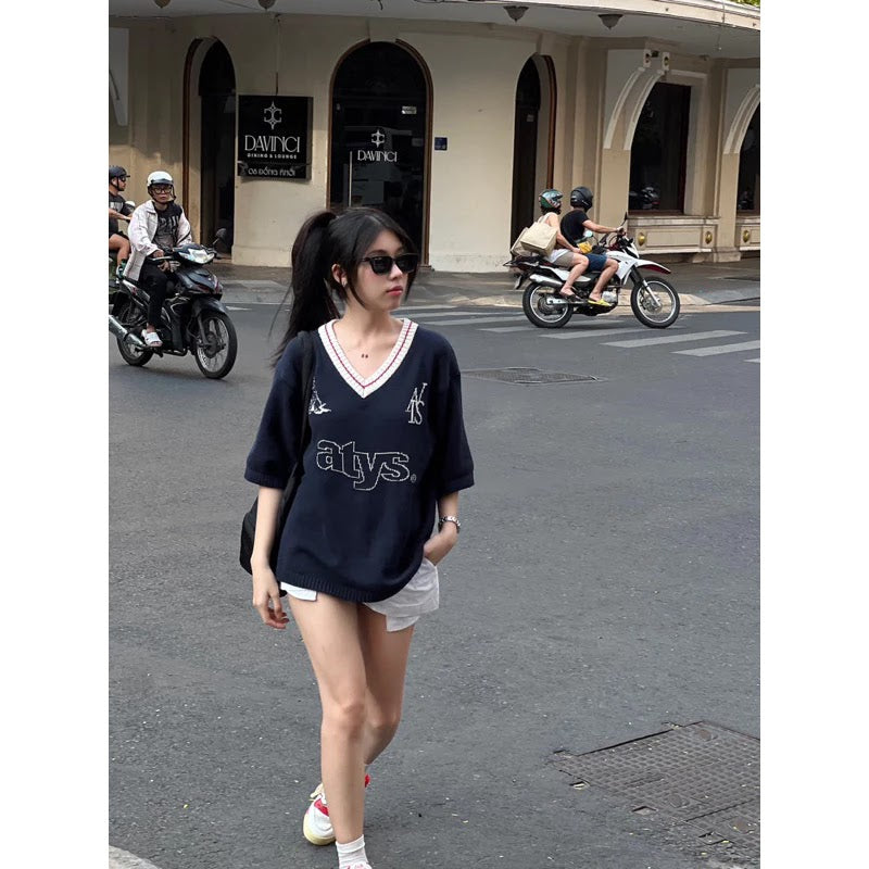 V-Neck Knit Cotton T-Shirt