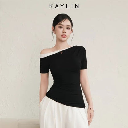 KAYLIN Two-Tone Off Shoulder Top.