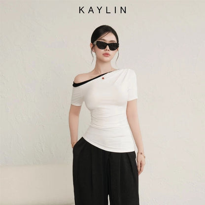 KAYLIN Two-Tone Off Shoulder Top.
