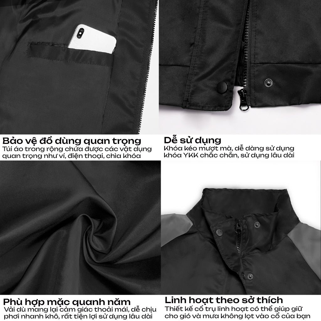 Black jacket with various features highlighted on a white background