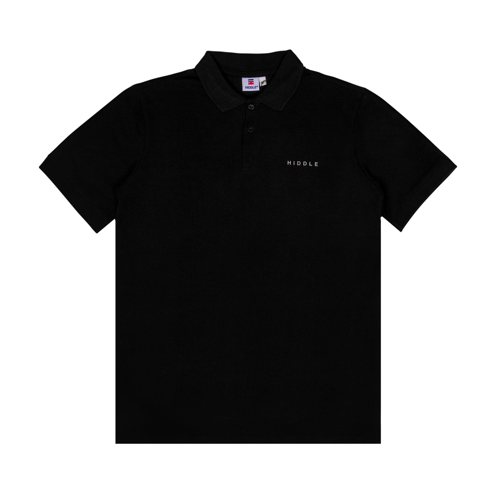 Black polo shirt with 'MIDDLE' logo on a white background