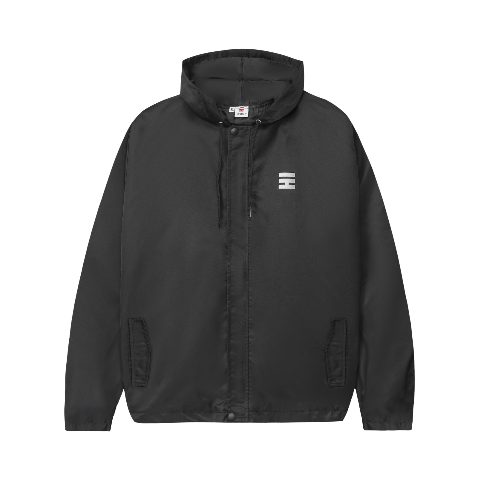 Black jacket with a small logo on the chest against a white background