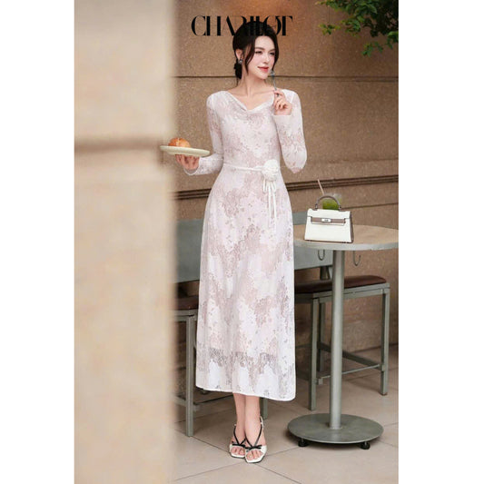 Draped Lace Flower Dress