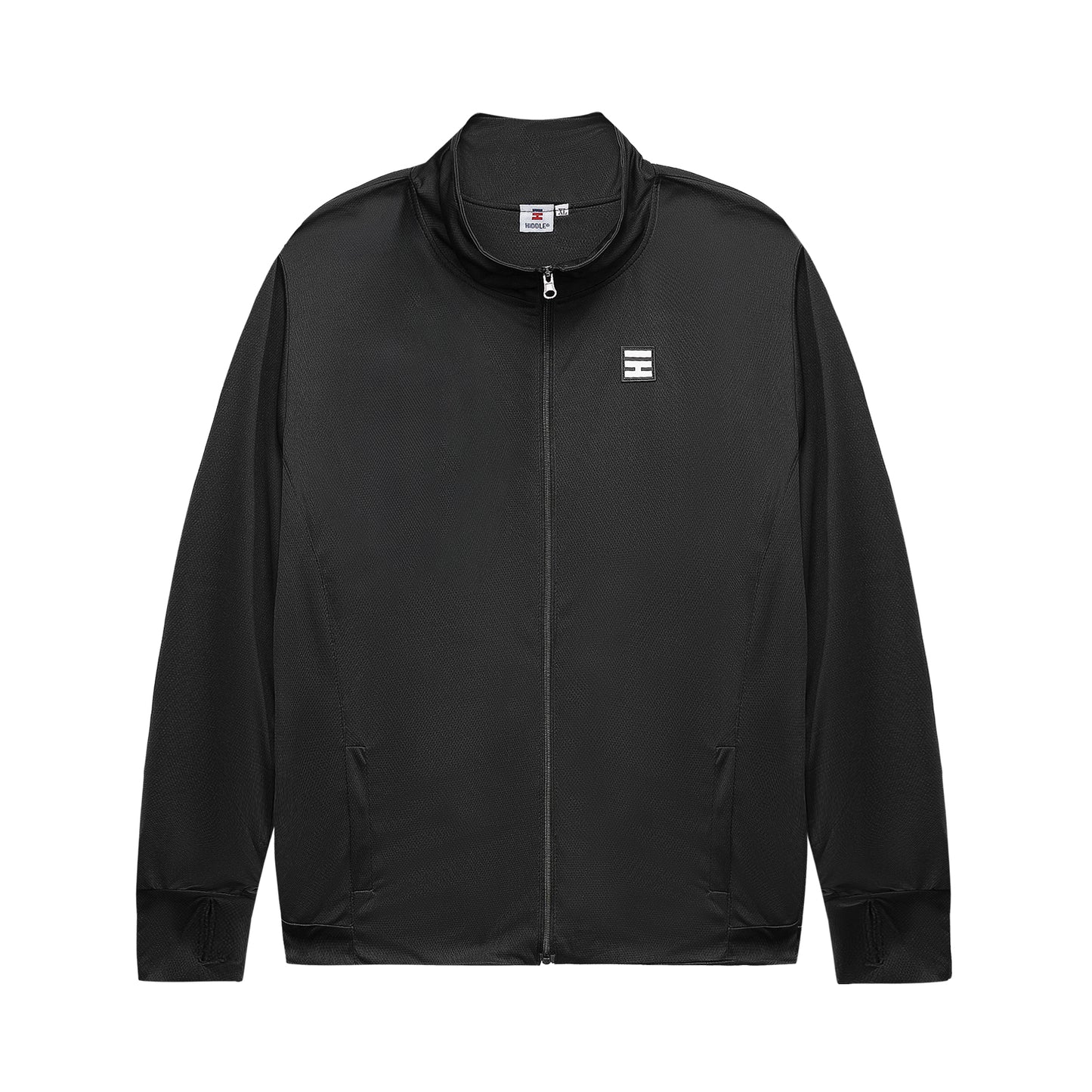 Black jacket with a logo on a white background