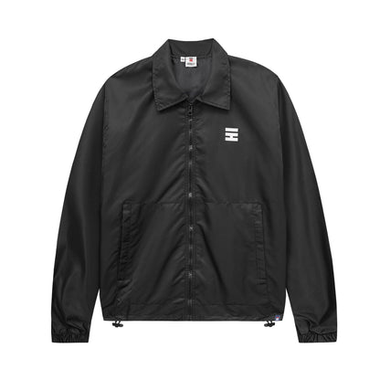 Black jacket with a small logo on a white background