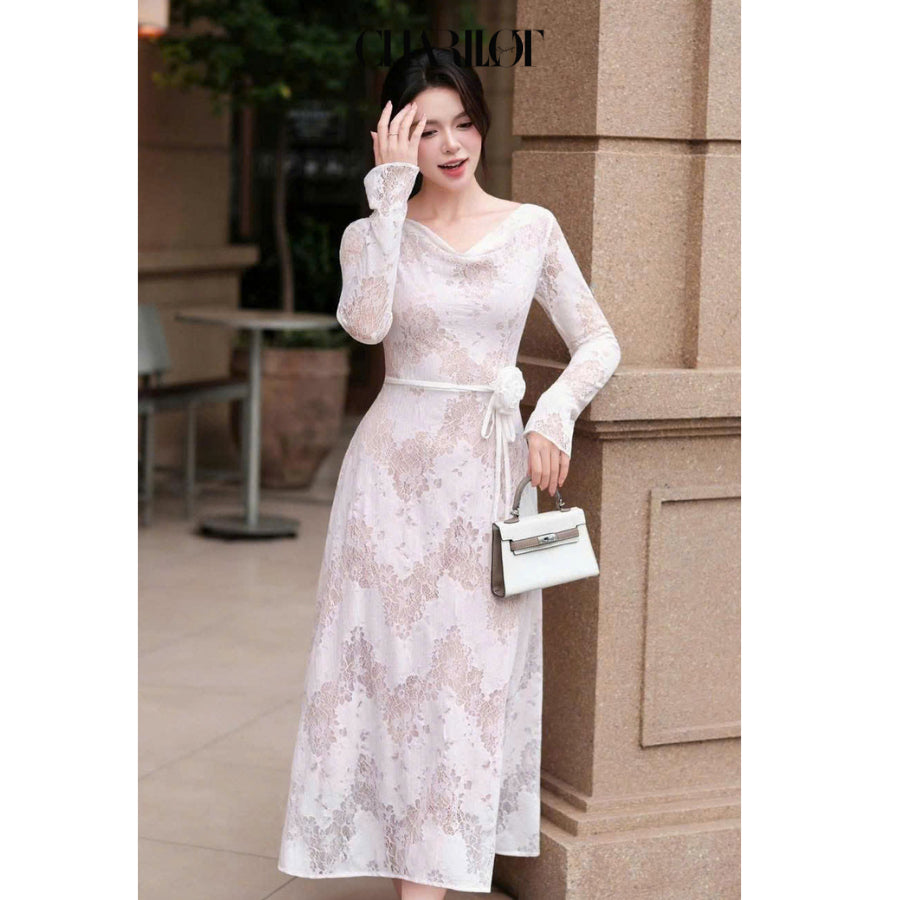 Draped Lace Flower Dress