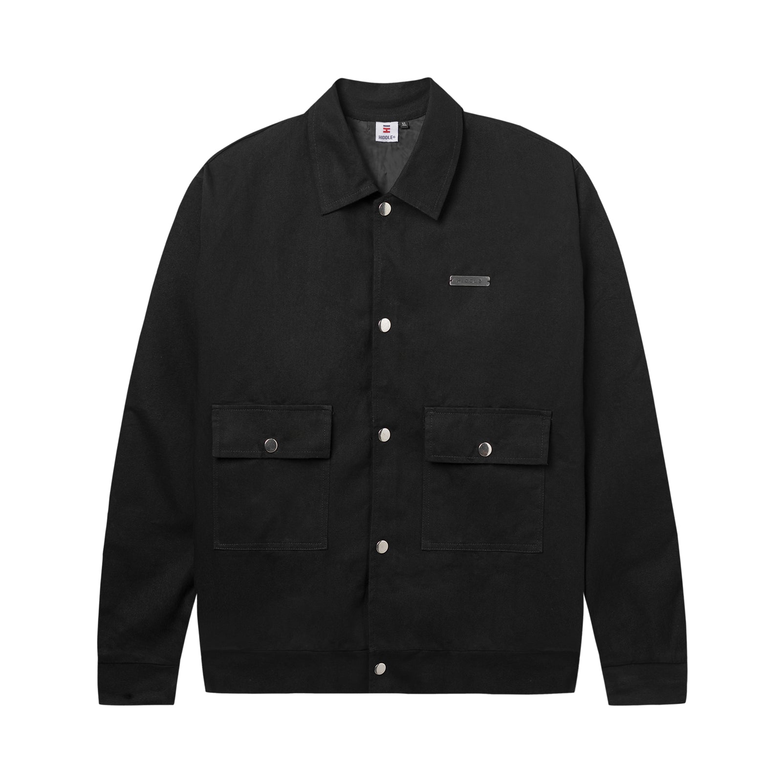 Black jacket with two front pockets on a white background
