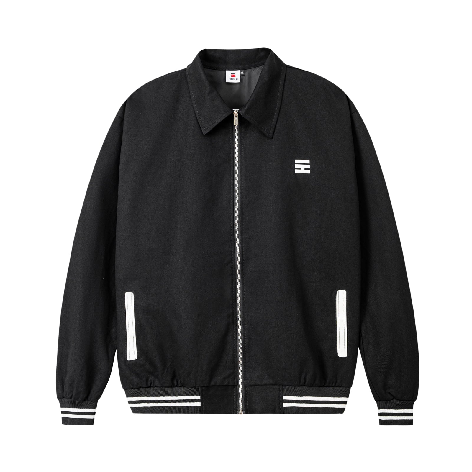 Black jacket with white accents on a white background
