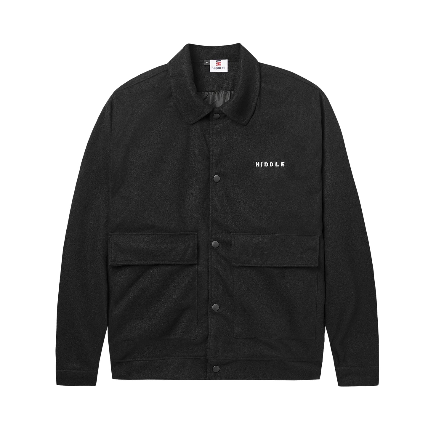 Black jacket with 'Hiddle' branding on a white background